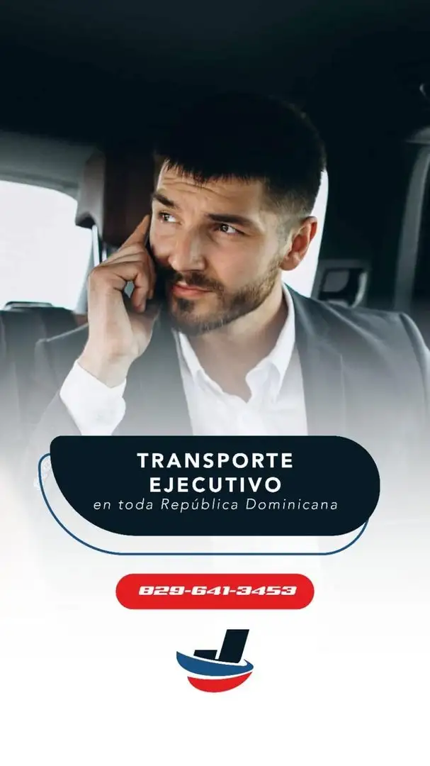 Flyer de Julián Transporte con un hombre de barba hablando por teléfono en el asiento trasero y el texto Transporte ejecutivo en toda República Dominicana