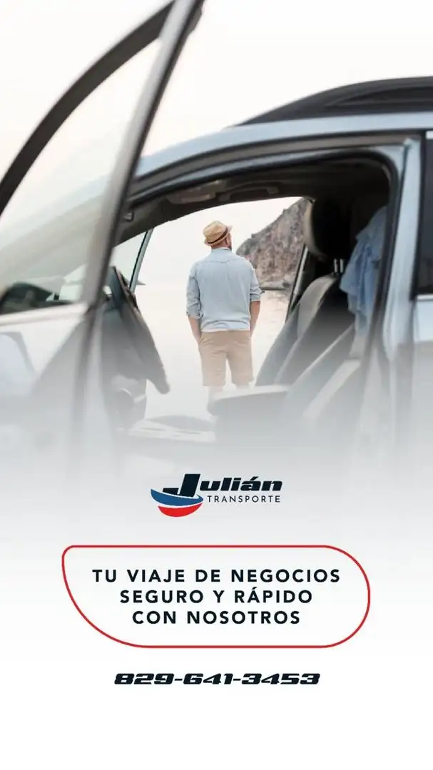Flyer de Julián Transporte visto desde dentro de un carro con la puerta abierta: un hombre de sombrero mira al mar, con el logo y el texto Tu viaje de negocios seguro y rápido con nosotros