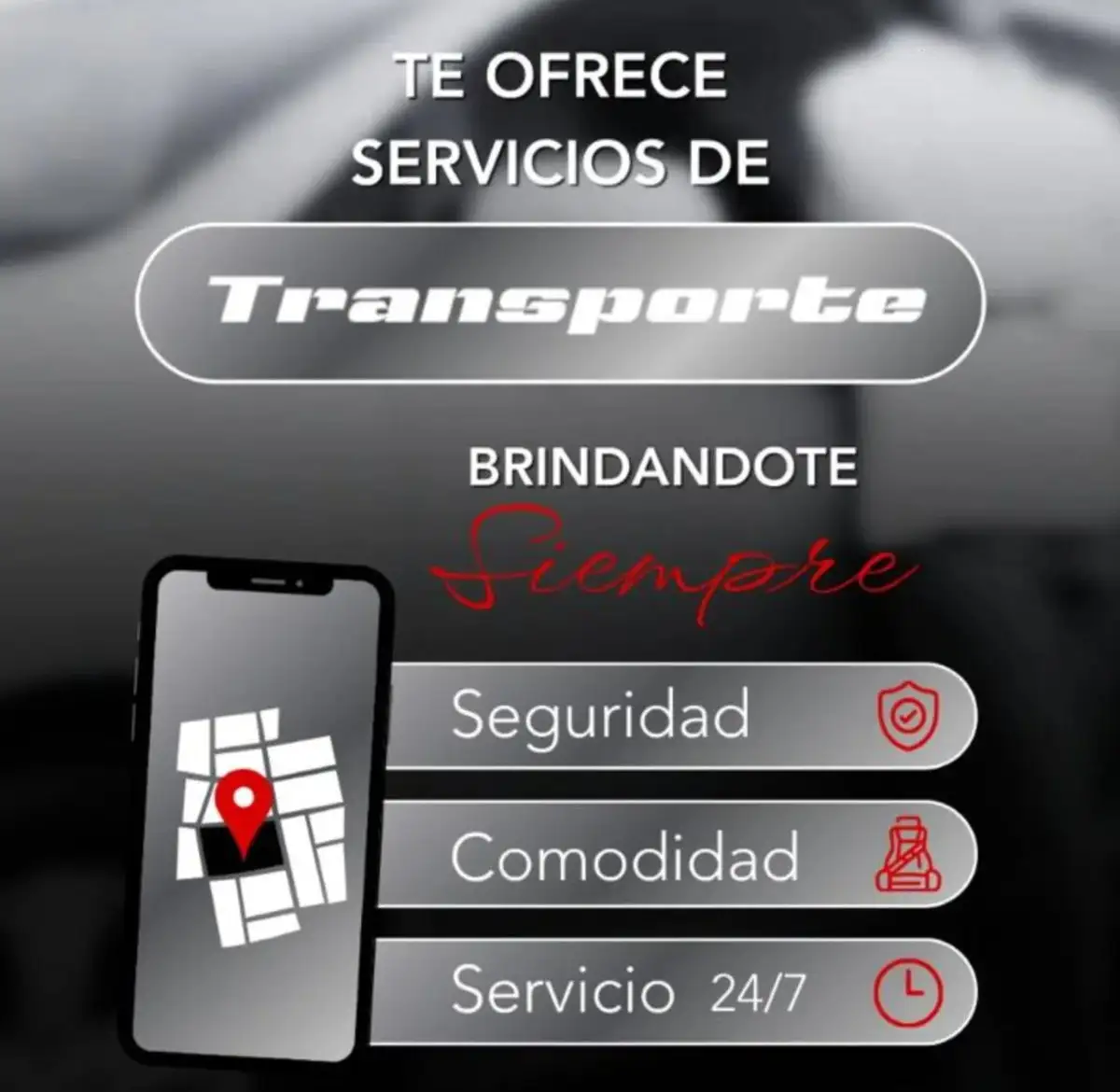 Publicación en blanco y negro con un teléfono que muestra un mapa y tres etiquetas: Seguridad, Comodidad y Servicio 24/7