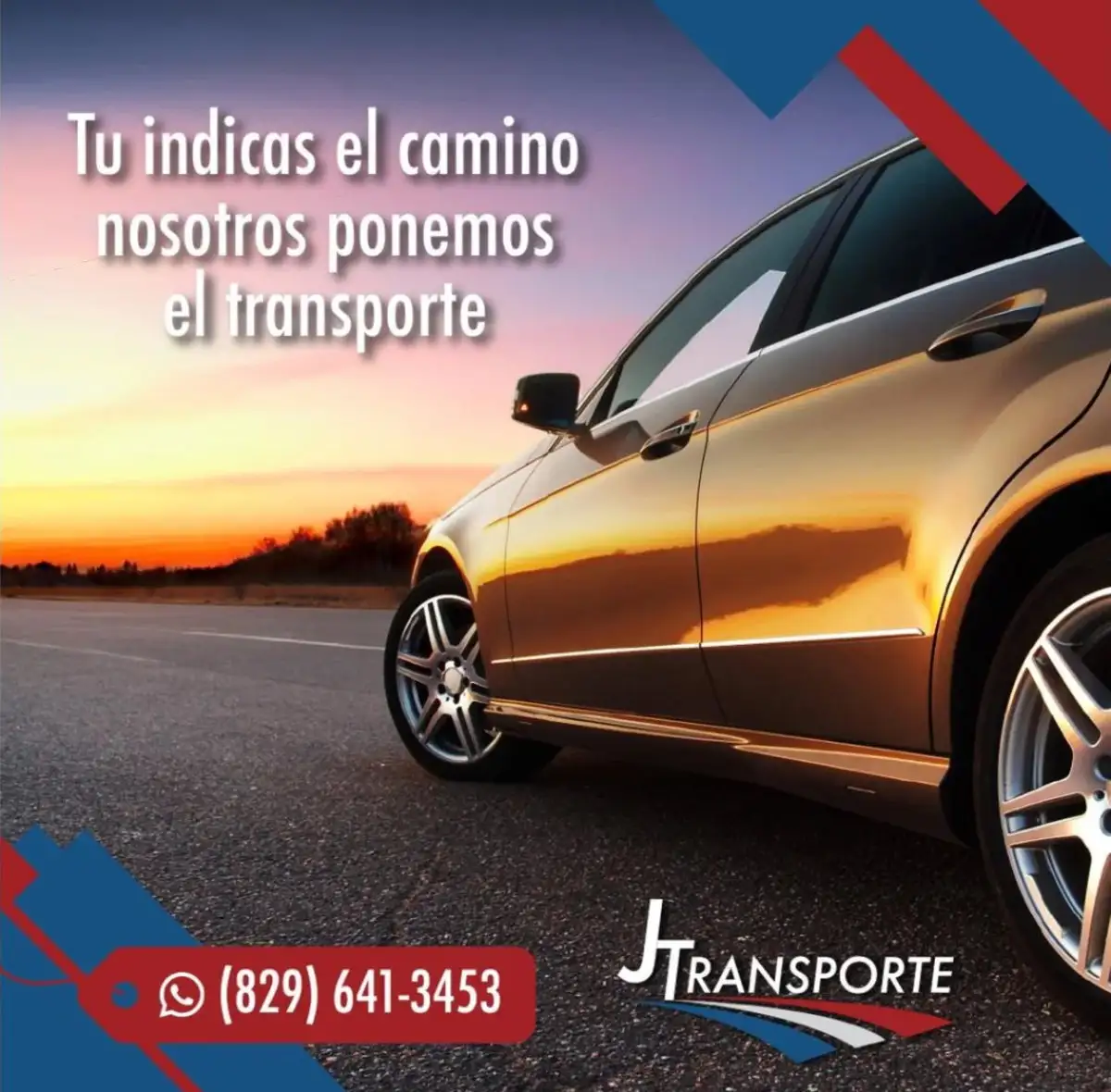 Publicación con un carro gris de perfil en una carretera al atardecer y el texto Tu indicas el camino, nosotros ponemos el transporte