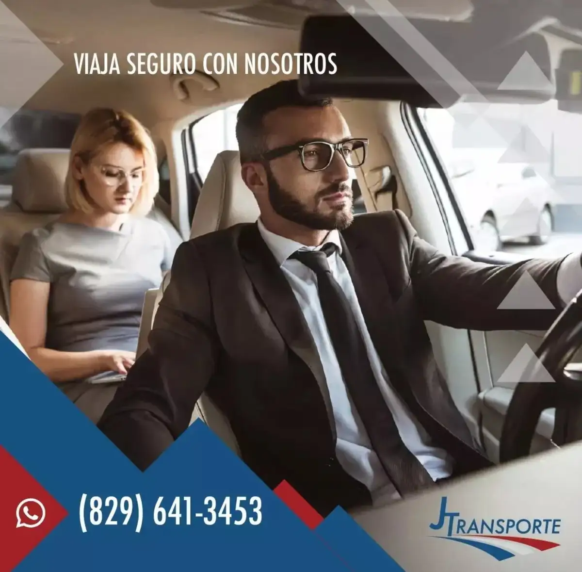 Publicación con un conductor de traje al volante y una pasajera en el asiento trasero, bajo el texto Viaja seguro con nosotros