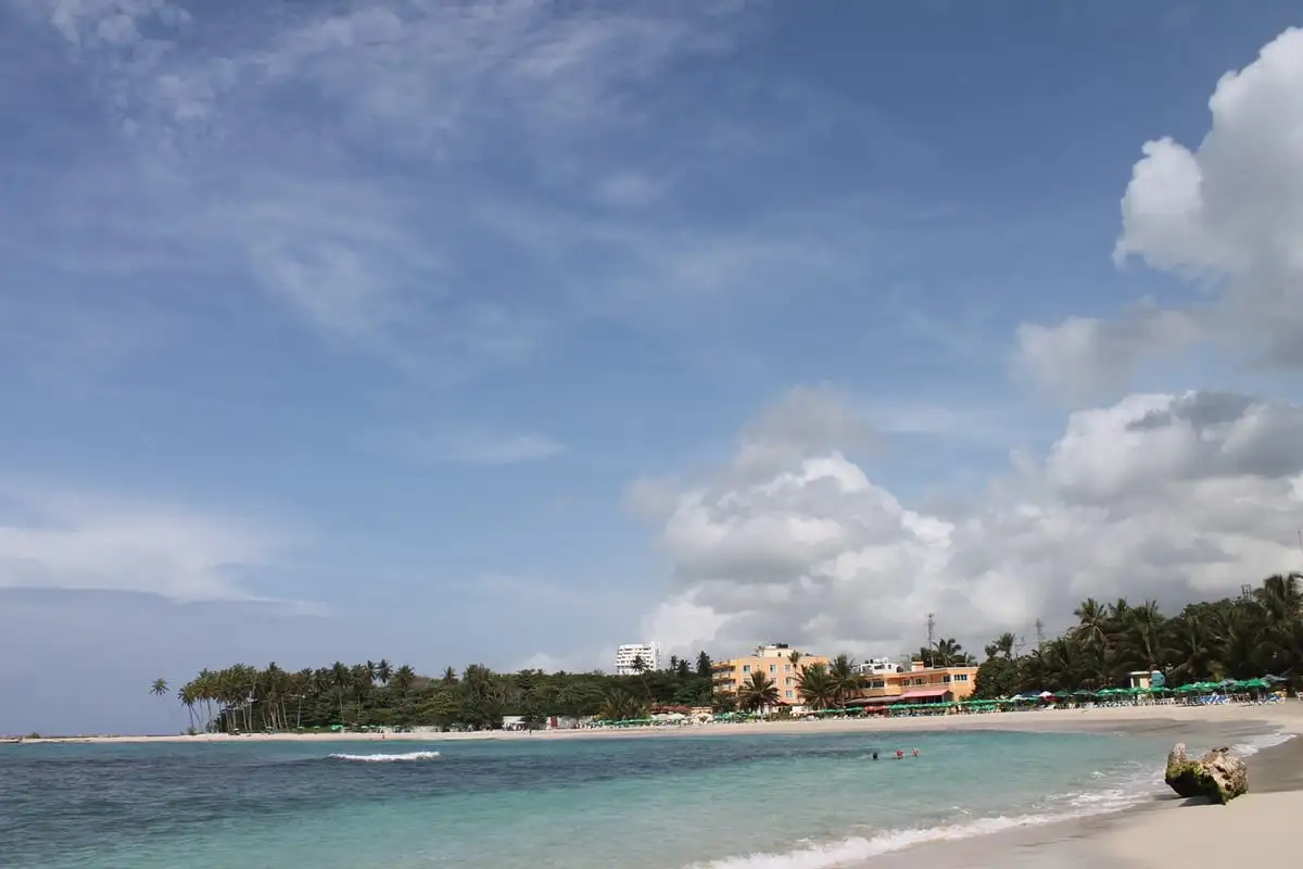 Playa de Juan Dolio con arena clara, mar tranquilo y una hilera de palmeras bajo un cielo con nubes